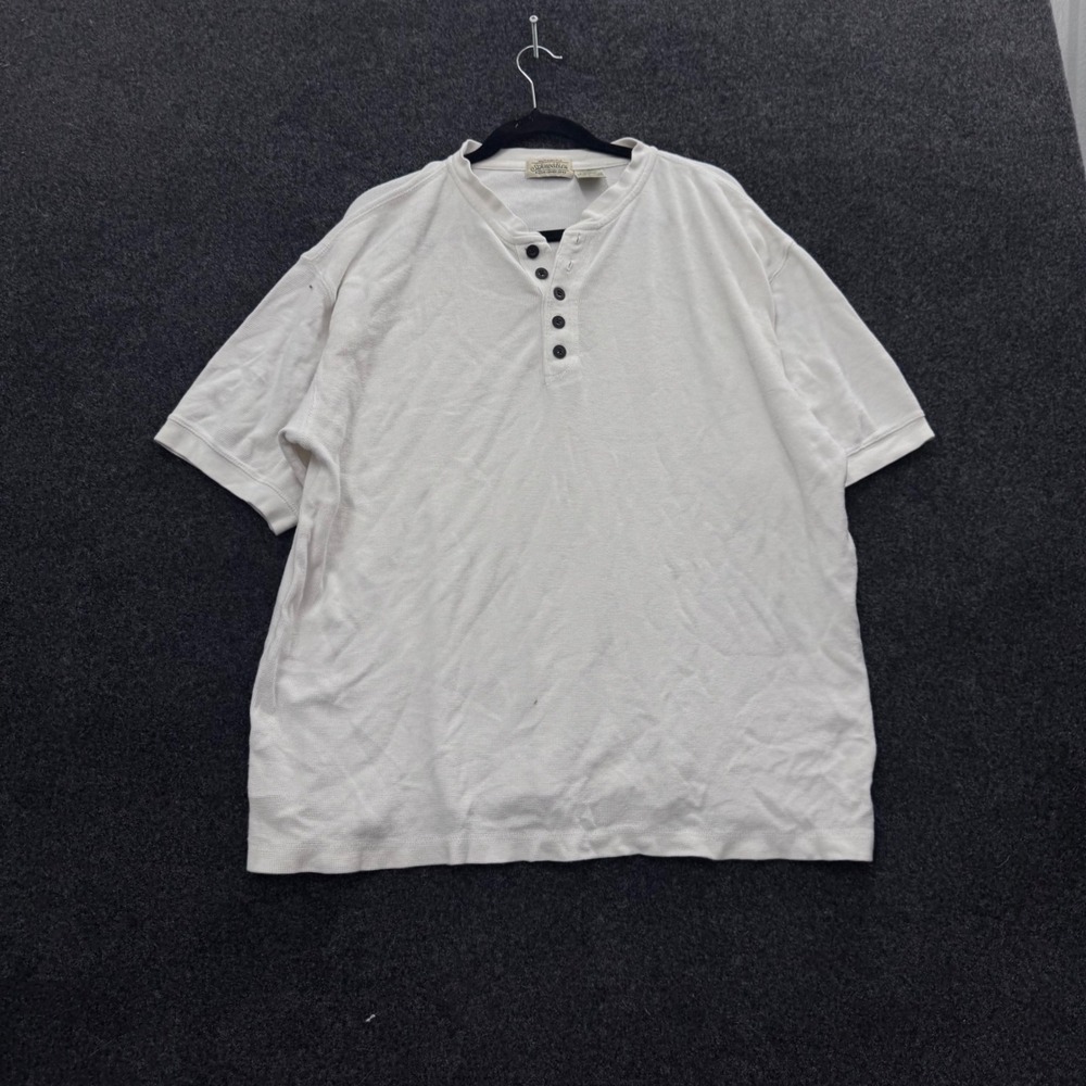 St Johns Bay Mens Large Cream Waffle Knit Henley Shirt Short Sleeve 90s Cotton